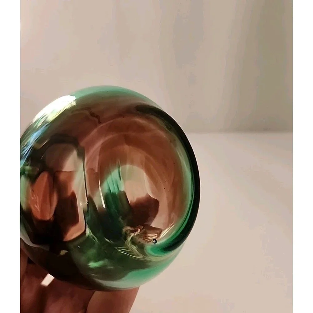 Vintage Art Glass Vase Green Brown Amethyst Swirl Ruffled